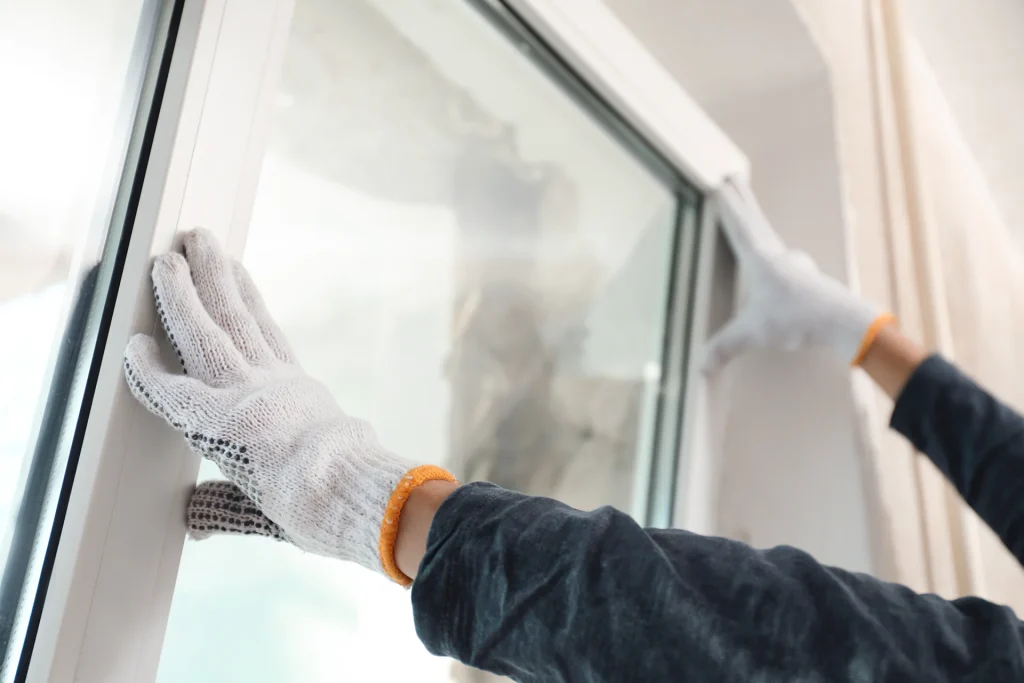 Contractor installing a new window frame wearing protective gloves.